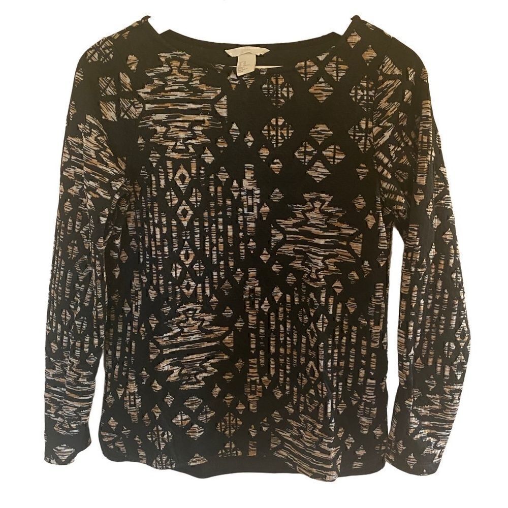 H&M Aztec print XS black tan white long sleeve boho crew